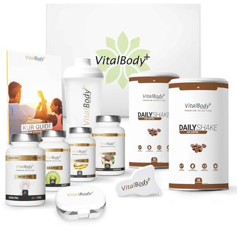 VitalBody+ 30 Tage Stoffwechselkur Premium, HCG-Diät, Mahlzeitenersatz-Shake, MSM, OPC, Omega-3 & Sättigungskapseln, VIP Coaching (9 -teiliges Set)