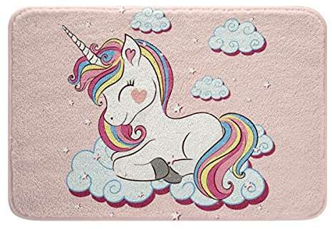 Loussiesd Kinder Badematte 50x80cm Mädchen Einhorn Badteppiche Rosa Karikatur Einhorn Regenbogen Wolken drucken Badvorleger Ultra Shaggy Süß Tiere Dekorativ Badezimmerteppich Weiches Gemütlich