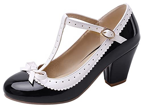 Mary Jane Shoes for Women Elegant Dress High Heels Buckle Block Heel Party Court Shoes T Strap Buckle, 008 Black Size 6 UK/40