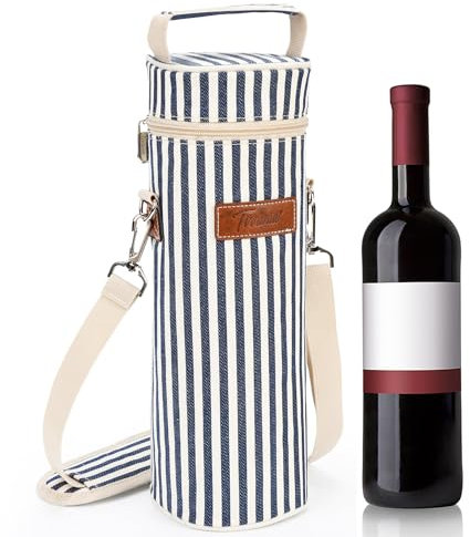Kato Tirrinia Single Wine Cooler Bags with Shoulder Strap, Insulated & Padded Portable Wine Tote Carrier for Travel, Picnic Great Gift for Wine Lover, Blue Stripe