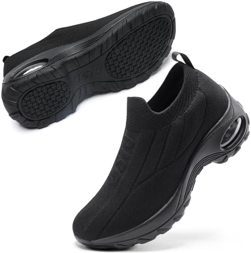 STQ Womens Slip on Walking Shoes Breathable Non Slip Work Shoes Comfortable Orthopedic Sneakers with Arch Support Pure Black 7.5