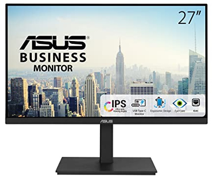 ASUS VA27ECPSN - Monitor Docking USB de 27 Pulgadas, Full HD, IPS, Sin Marco, USB-C, RJ45, 75 Hz, Adaptive-Sync, Altavoces Estéreo, Baja Luz Azul, Sin Parpadeos, Diseño Ergonómico, Montaje en Pared
