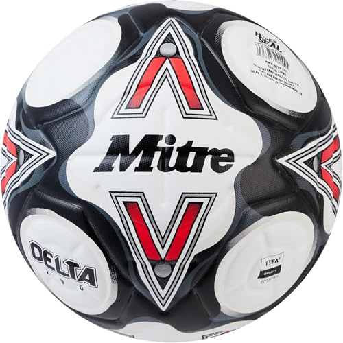 Mitre Delta Football | Highly Durable | Enhanced Accuracy and Consistency, White/Black/Bib Red, 4