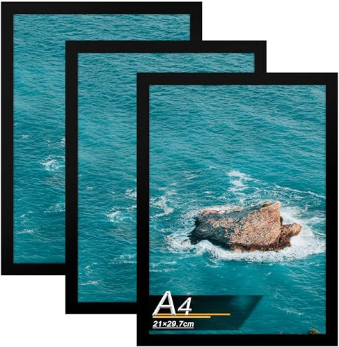 Tinkeps Cornice per Foto A4 in Legno (21 x 29,7cm), Nero Set di 3, per Tavolo o da Appendere Verticalmente e Orizzontalmente al Muro, con Plexiglass Trasparente e Infrangibile