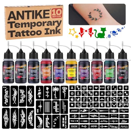 Set di Inchiostro per Tatuaggi Temporanei, 10 Flaconi da 0,5 oz di Inchiostro per Tatuaggi Temporanei Colorati e 84 Stencil, per Tatuaggi Temporanei fai da te