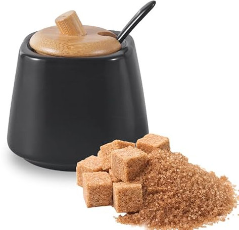 Pullmer Azucarero de cerámica con tapa de madera de bambú y una cuchara de azúcar, recipiente para azúcar (cuadrado redondo negro)