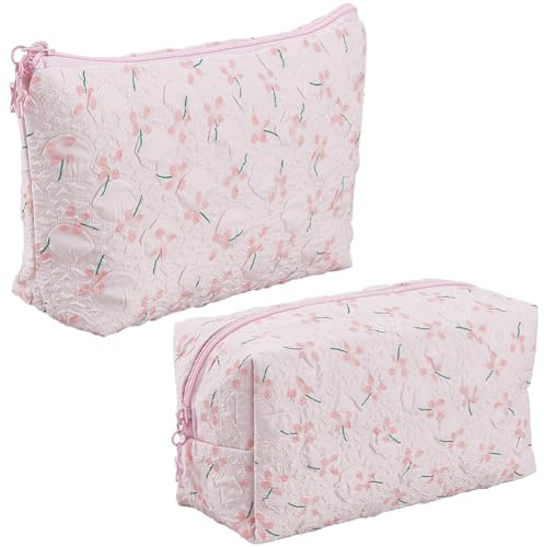 CABODYALS 2 pz 2 stili Rosa Carino Floreale Borsa per Il Trucco Set Trapuntato con Cerniera Trucco Portatile Organizer Da Toeletta Pochette In Tessuto Poliestere Fiore Sacchetto Cosmetico per Donne Ac