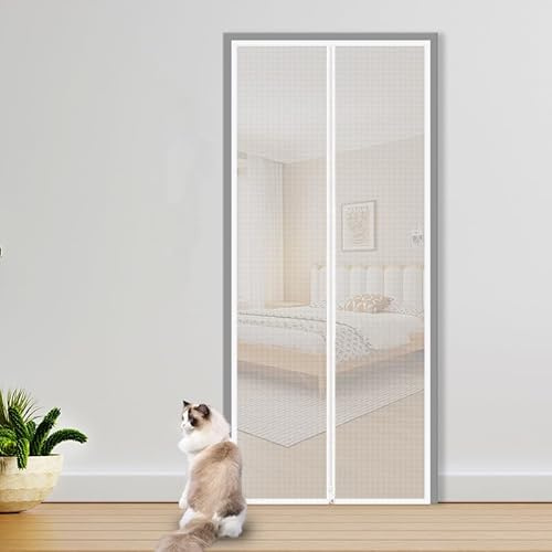 Kattnät för balkong med dragkedja för husdjur, förhindrar att katter springer iväg, kattnät, dörrskärm för vardagsrum, sovrum, kök, 90 x 210 cm (vit-90X210CM-C)