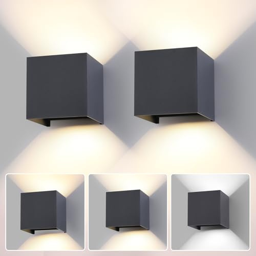 FUPE 2 Piezas LED 15W Aplique de Pared Exterior Interior Luz Ajustable de 3 Colores IP65 Impermeable Lámparas de Pared Apliques de exterior cuadrada de aluminio Ángulo de luz ajustable 11CM Antracita