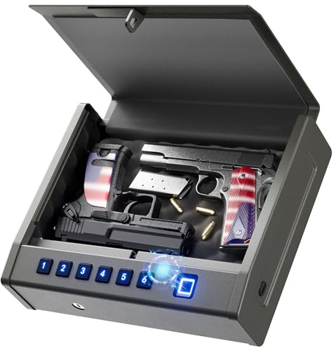 Grimtron 8.2 lb Heavy-Duty Biometric Gun Safe for Handgun – Quick Access Pistol Safe with 100 Fingerprints, Backlit Keypad & Backup Keys – Gun Lock Box for Nightstand, Bedside, Car & Truck Use
