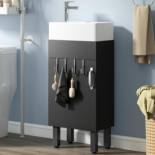 YITAHOME Armoire de Salle de Bain, lavabo avec Porte, lavabo avec lavabo, Meuble sur Pied, 2 Crochets, pour Salle de Bain, Cuisine, Noir, Robinet Non Inclus