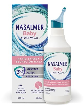 Nasalmer Baby Spray Nasal Fuerza Suave 1, 100% Agua de Mar, Alivio de la Secreción y Nariz Tapada, Bebés +15 días, 135 ml