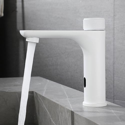 POLGDW Sensor Infrared Basin Tap Single Handle Bathroom Automatic Touchless Sensor Faucet Hot and Cold Water Basin Mixer Tap Stainless Steel,White