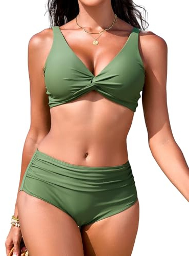 FemiChic Maillot de Bain Femme 2 Pièces Push Up Taille Haute Bikini Col en V Torsion Soutien Amovible & Bretelles Réglables en Nylon Élastique (Vert,XL)