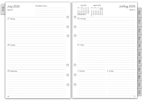 Inserto settimanale 2026-2027, formato A5, 6 fori, 1 settimana 2 pagine con panoramica mensile, note, contatti, agosto 2026-luglio 2027, 100 g/m², inserti calendario, ricarica per agenda 26/27, 153 x