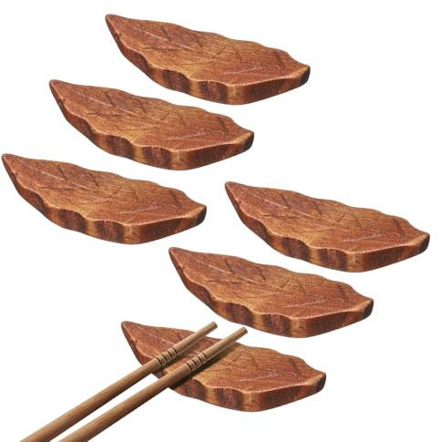 QUARKZMAN 6 Piezas Reposador De Palillos De Madera Forma De Hoja Soporte para Palillos Cucharas Tenedores Cuchillos Decoración De Mesa Marrón