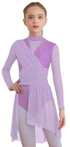 Nyeemya Vestido Patinaje Artistico Sobre Hielo para Niñas Maillot Ballet de Manga Larga Leotardo Gimnasia Bailarina Maillot Danza Niña para Competición