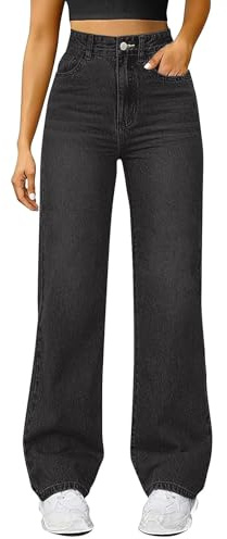 Vaqueros Mujer Rectos Tiro Jeans Push Up Anchos Elasticos Vaquero con Bolsillo Pierna Recta Pantalones Tallas Grandes Color Liso Pantalón Cómodos y Casuales Holgados para el Uso Diario (Dark Gray, L)
