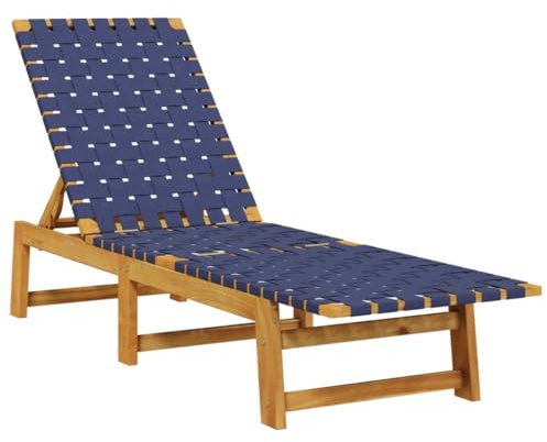 QJBSAVVA Lettino da giardino in legno massiccio di acacia, regolabile, per giardino, terrazza e piscina, comodo lettino in tessuto con cinghie in olefina, 202 x 55 cm, blu scuro