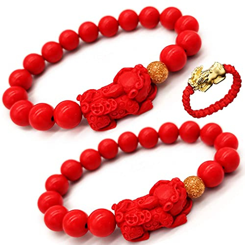Braccialetto con amuleto Feng Shui con perline rosse e ciondolo rosso Pi Xiu/Pi Yao Attract Lucky Wealthy Bangle per donne/uomini, Adjustable, bead diameter: 10mm, Plastica, Pietra