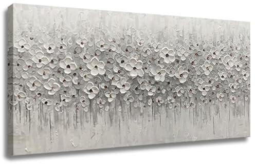 Large Canvas Wall Art for Living Room White Flowers Picture Hand-Painted Oil Painting Framed Artwork Modern Gallery Plant Decor Wall Decorations for Bedroom Bathroom Size 60x30 inch Ready to Hang