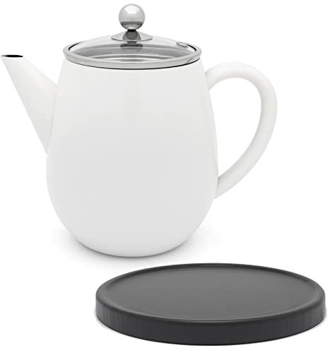 Bredemeijer doppelwandige Teekanne 1.1 Liter - weiße Edelstahl Kanne mit Glasdeckel - Tee-Filter Sieb-Einsatz & schwarzen Holzuntersetzer - ideal für losen Tee
