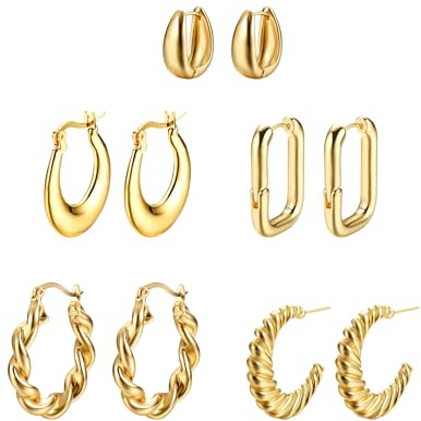 Dochais Gold Creolen Set - 5 Paar 18K Ohrringe Dupes, Hypoallergene Vergoldete Chunky Hoops, Dicke Creolen für Damen und Mädchen