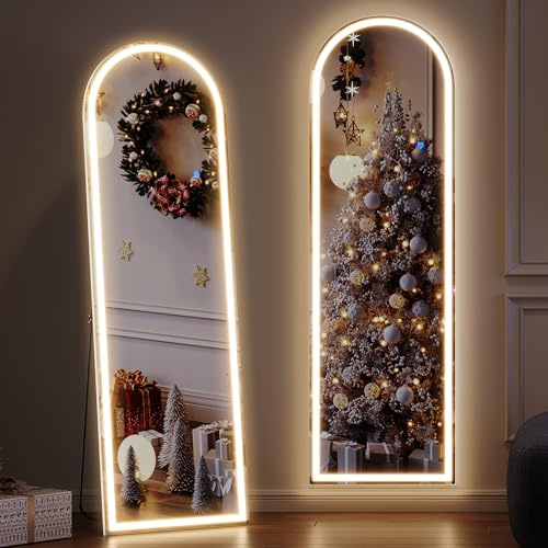 ZKIODV Espejo Arqueado 160 × 50 cm, Espejo de Cuerpo Entero 3 Luces LED, Espejos de Pie con Soporte, Grande Espejos Led Pared para Habitacion, Salón, Pasillo, Mirror LED Wall (Blanco Arco)