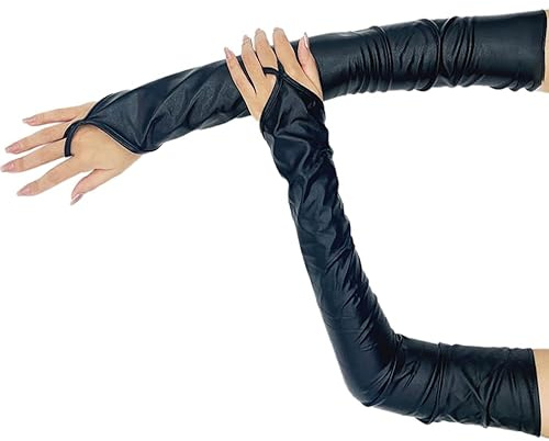 Gants longs en cuir verni - 55 cm - Pour femme - Sexy - Sans doigts - Pour mariage, bal de fin d'année, thé - Accessoires de vêtements - Blanc, Noir , taille unique