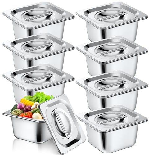 Ziliny 8 Set Stainless Steel Hotel Pans with Lids 1/6 Size 6 Inch Deep Steam Table Pan Stainless Food Storage Containers Stackable Metal Steamer Pan for Kitchen Restaurant Party Buffet Event Catering