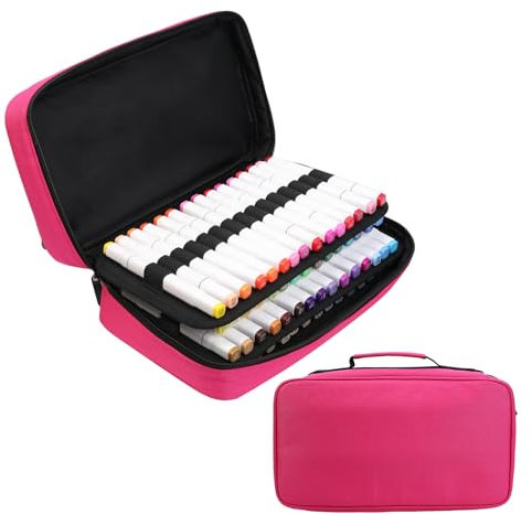 BOMKEE 60 Slots Marker Organizer Case, Large Marker Case for 60 Markers Big Capacity Marker Storage Bag Pen Case Pencil Pouch with Carrying Handle, Rose Red, BD-60MKB