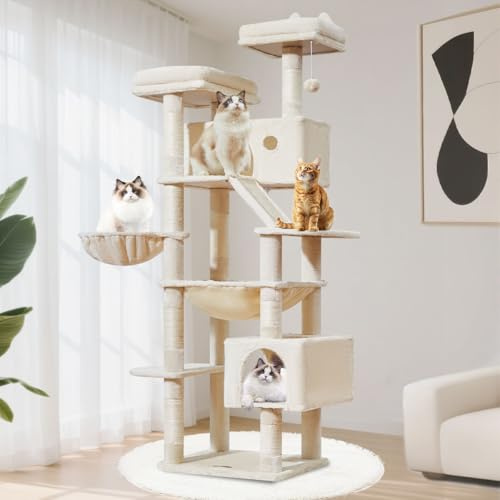 Taoqimiao Arbre a Chat Maine Coon,180cm Stable Arbres à Chat XXL avec 2 Condos Spacieux pour Chats, 8 Griffers, 2 Plateformes, Panier pour Matou, Confortable Hamac, Beige MS026LM