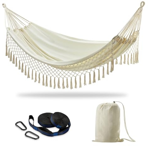 CHULIM Brasiliansk dubbel hängmatta med trädremmar, extra stor 24 x 163 cm, 2 personer hängmatta för trädgård uteplats utomhus inomhus, 204 kg viktkapacitet, mjukt vävt bomullstyg – naturlig vit med