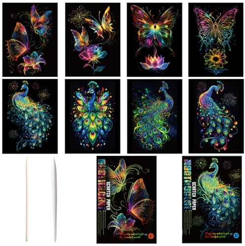 Georgie Porgy Scratch Art Kitt per Bambini Adulto Magic Rainbow Carta AntiGraffio A4 Cartolina per Natale Regalo di Compleanno (A4-Noctilucent Farfalla+Pavone)