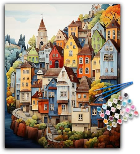 Paint by Numbers for Adults - Countryside Adult Paint by Numbers Kits on Canvas without Frame, DIY Village Landscape Acrylic Oil Painting by Number for Adults, Perfect for Gift Home Decor (16x20 inch)
