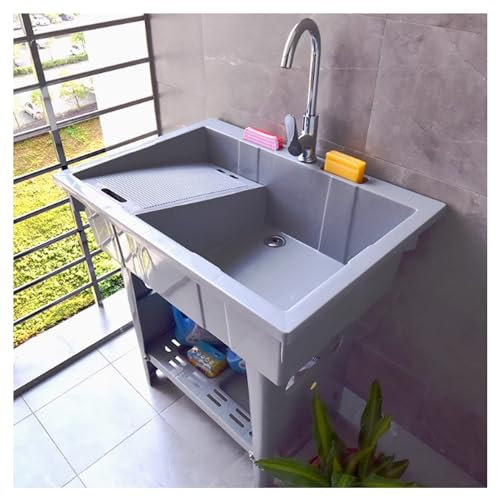 YHQYCGS Évier À Linge Autoportant avec Robinet, Évier Utilitaire en Plastique,évier Portable, Evier Exterieur,Robinet d'eau Froide Et Chaude pour Buanderie, Garage, sous-Sol, Jardin.