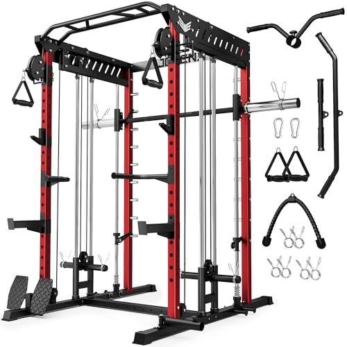 JELENS M21 Smith Machine, Multi-Function Power Cage with Dual Pulley Cable Crossover System, 2000LBS All-in-One Squat Rack with Smith Bar and Attachments for Home Gym(Red, M21 Smith Machine)