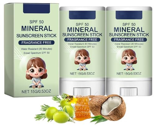 2PCS Mineral Sunscreen Stick SPF 50 PA+++ for Face & Body, Fragrance-Free, Waterproof & Travel-Friendly, Non-Greasy, Gentle for Sensitive Skin, Easy to Apply, Daily Sun Protection