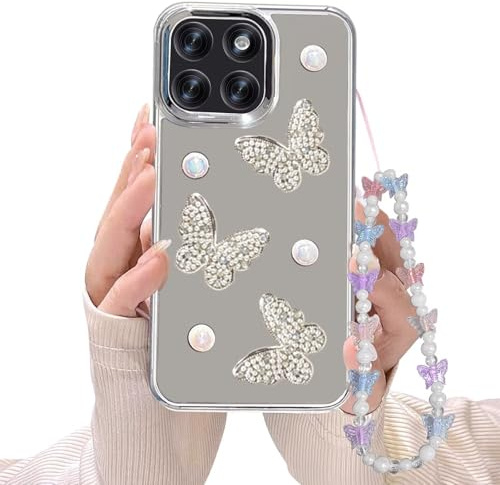 WOWUDI Kompatibel med Huawei P30Pro fodral söt klar 3D-fjäril med Snodd pärlglitter för flickor kvinnor mjuk TPU stötsäker flicka skyddsfodral – silver