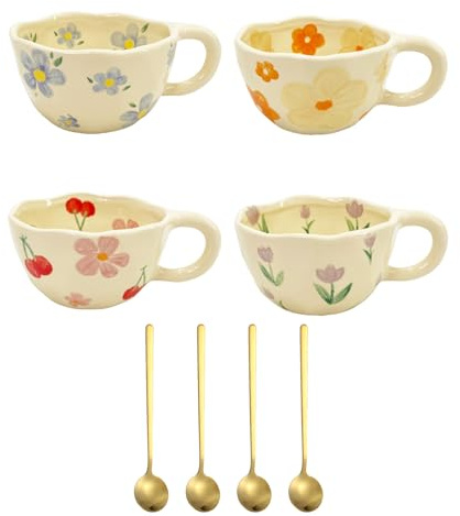 AHKALVTE Ceramic Coffee Mugs Set of 4, Cute Floral Coffee Cup 250ML Porcelain Cups with Spoon