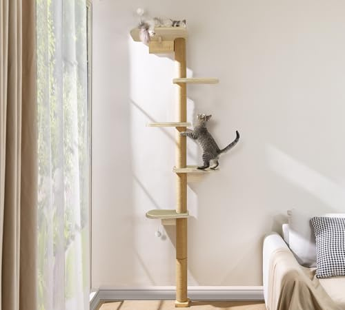 Klösträd, stort 210 cm, klättervägg, katter, väggmonterat klösträd, 5 våningar med sisaldyna av naturligt trä, väggelement för katter för klättring, repor och lek
