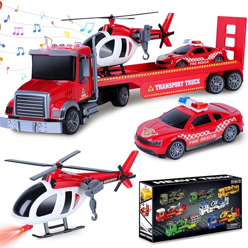 Charmofun 3 in 1 Camion Antincendio Giocattolo Bambini, Grande Trasportatore con Elicottero, Giocattolo Camion Veicoli, Regalo per Bambini Ragazzi 3 4 5 6+ anni