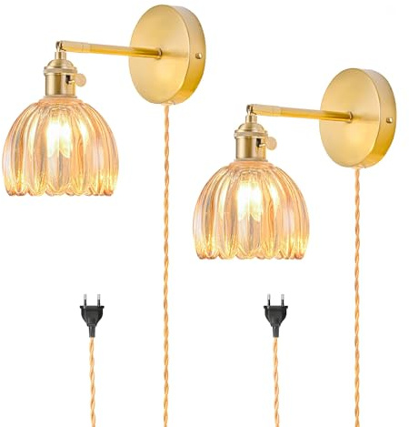 2 Apliques Pared con Enchufe, lámparas Pared Vintage con Pantalla de Cristal Ámbar Tipo Tulipán, Ajustable a 180° con Interruptor y Cable, Luz de Pared Dorada para Dormitorio, Bombilla no Incluida