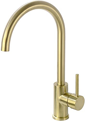 TRUSTMI Messinghahn Einhand-High Arc-Küchenspülenarmatur Schwenker C-Auslauf, Gold gebürstet