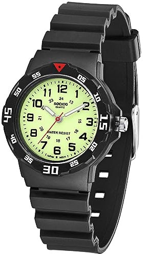 Armbanduhr für Kinder, Analog Quartz Uhr Zeitlehre Jungen Uhr Soft Band Lernzeit Armbanduhr Wasserdicht Outdoor Sports Uhren (Schwarz - Fluoreszierend)