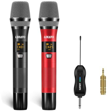 LEKATO Rechargeable Wireless Microphone,UHF Professional Microphone Wireless Microphones with Receiver Dynamic Microphone System Set Metal Dual Mic for Karaoke Singing, Speech, Wedding, Speker