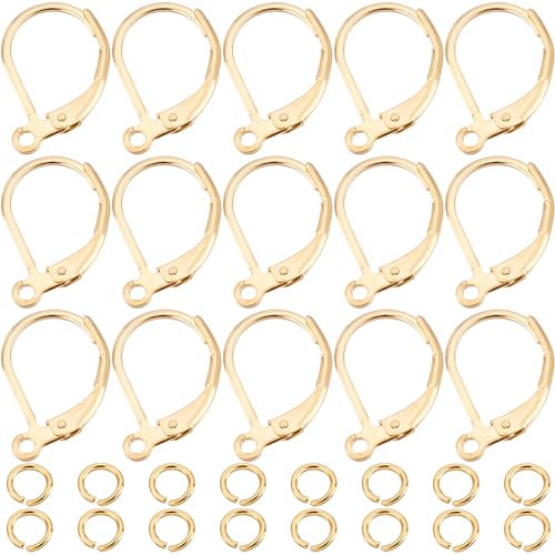 Beebeecraft 1 Box 20 Stück französische Ohrringhaken 24K vergoldet Plattierte Ohrring Haken 15,6x10mm Ohrring Clip Ohrring Verbinder mit 20Pcs offenen Binderingen für Schmuckherstellung