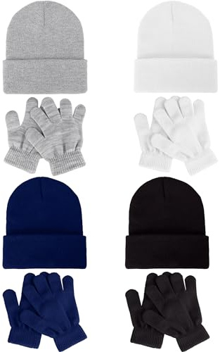 Glooarm 8 Pack Kids Beanie Hats and Gloves Set Kid's Knitted Beanies Hat Winter Gloves for Boys Girls