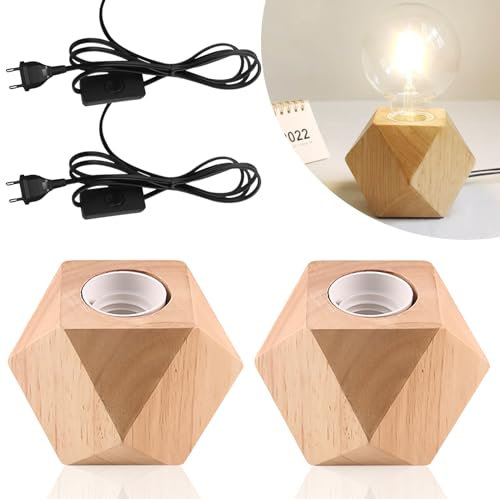 Nizirioo Lampade da Tavolo in Legno E27 - Piccola Lampada da Comodino Con Base di Diamante, EU-Plug - Perfetta per Camera da Letto, Soggiorno/Ufficio