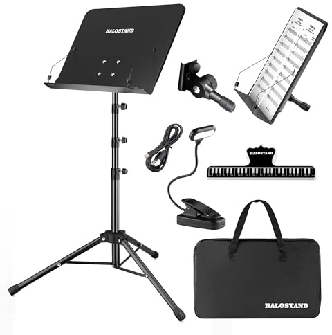 5 in 1 Dual-use Sheet Music Stand & Desktop Book Stand, Height Adjustable from 23.6-59 in, Folding Music Stand with Portable Carrying Bag, Sheet Music Folder & Rechargeable Music Stand Light